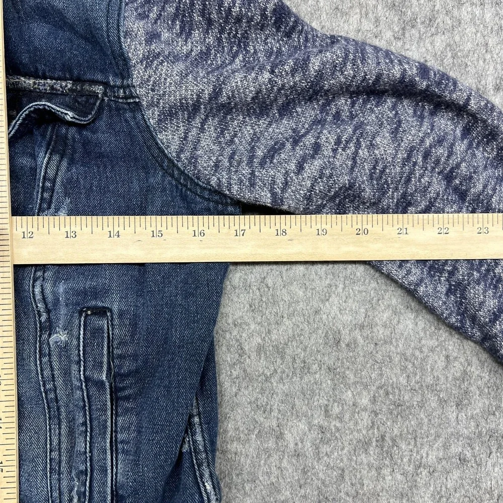 Free People Jacket Womens S Blue Denim Jean Hooded Knit Sleeve Distressed - Picture 14 of 16